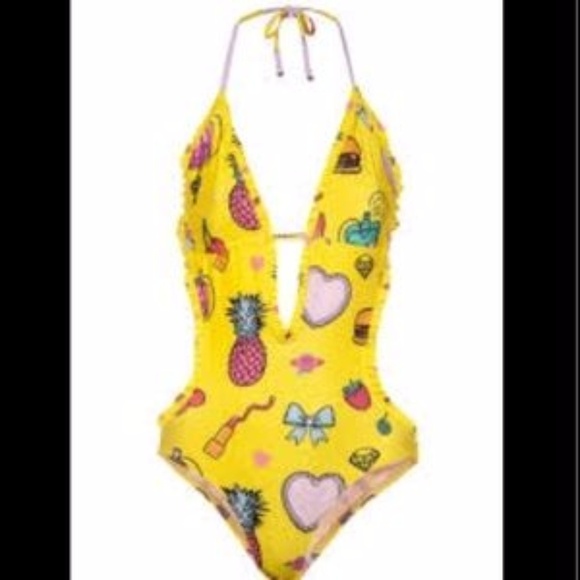 New Wildfox Swimwear Yellow Emoji Ruffle Trim Monokini one pc same day shipping - Picture 3 of 6